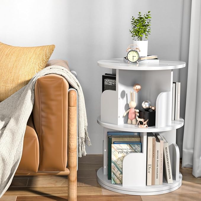 Nidouillet Small Rotating Bookshelf, 2Tier Revolving Bookcase 360 Display Round Bookshelf Narrow Swivel Corner Book Shelf Standing Bookcase for Adult Bedroom, Living Room - LeafyLoom