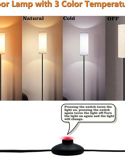 LED Floor Lamp Simple Design, Modern Floor Lamp with Shade, Tall Lamps for Living Room Bedroom Office Dining Room Kitchen, Black Pole Lamp with Foot Switch (Bulb Included) - LeafyLoom
