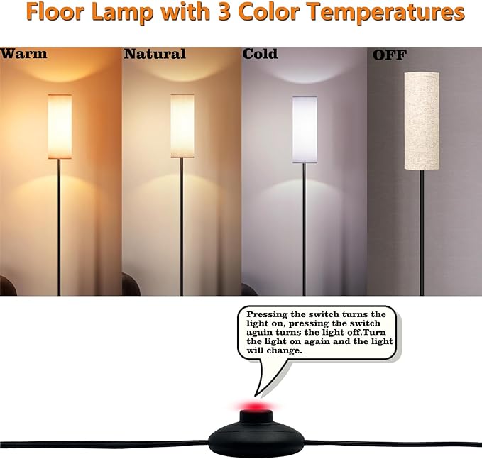 LED Floor Lamp Simple Design, Modern Floor Lamp with Shade, Tall Lamps for Living Room Bedroom Office Dining Room Kitchen, Black Pole Lamp with Foot Switch (Bulb Included) - LeafyLoom