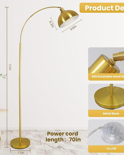 Arc Floor Lamps for Living Room,Modern Tall Standing Lamp Gold Floor Lamp with Adjustable Hanging Dome Shade,Over Couch Mid Century Arched Reading Lamp for Bedroom,Office - LeafyLoom
