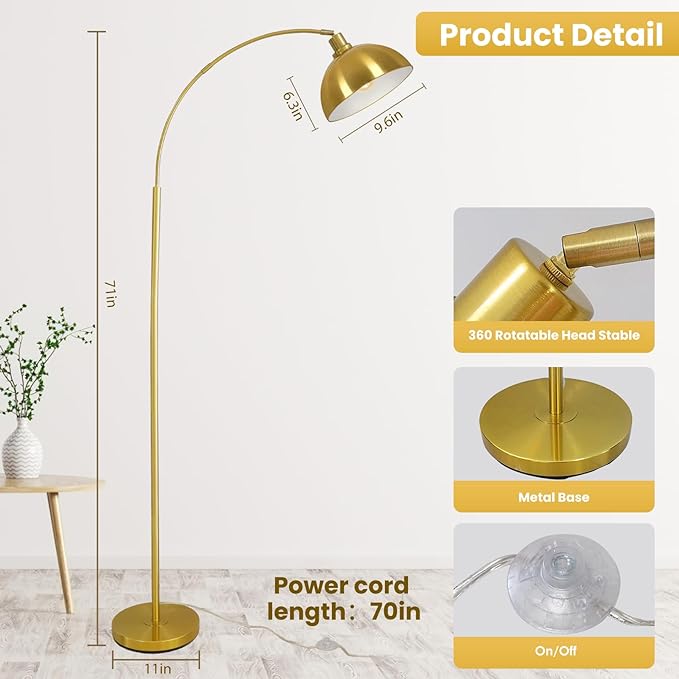 Arc Floor Lamps for Living Room,Modern Tall Standing Lamp Gold Floor Lamp with Adjustable Hanging Dome Shade,Over Couch Mid Century Arched Reading Lamp for Bedroom,Office - LeafyLoom