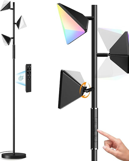QiMH RGBCW Floor Lamp, 36W Stepless Dimmable LED Tall Standing Lamp with Touch and Remote Control, 4 Color Temperatures, 3 Rotatable Light Tree Floor Lamp for Living Room, Bedroom, Home, Office - LeafyLoom