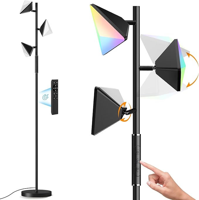 QiMH RGBCW Floor Lamp, 36W Stepless Dimmable LED Tall Standing Lamp with Touch and Remote Control, 4 Color Temperatures, 3 Rotatable Light Tree Floor Lamp for Living Room, Bedroom, Home, Office - LeafyLoom