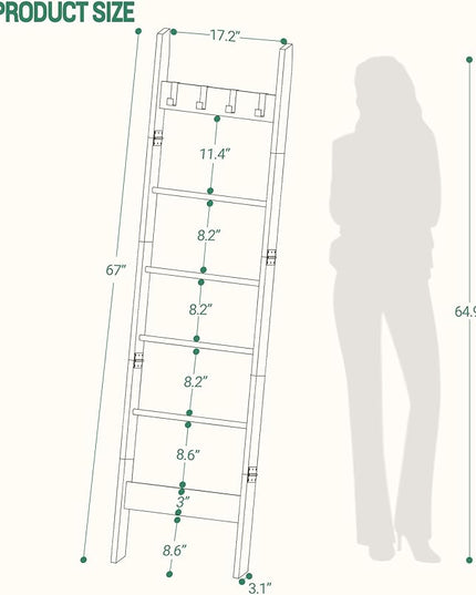Blanket Ladder Shelf for Living Room, Decorative Wood Quilt Rack with 4 Removable Hooks, 6-Tier Farmhouse Ladder Holder Organizer for Bedroom, White BR31513W - LeafyLoom