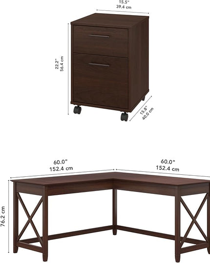 Bush Furniture Key West 60W L Shaped Desk with 2 Drawer Mobile File Cabinet in Bing Cherry - LeafyLoom