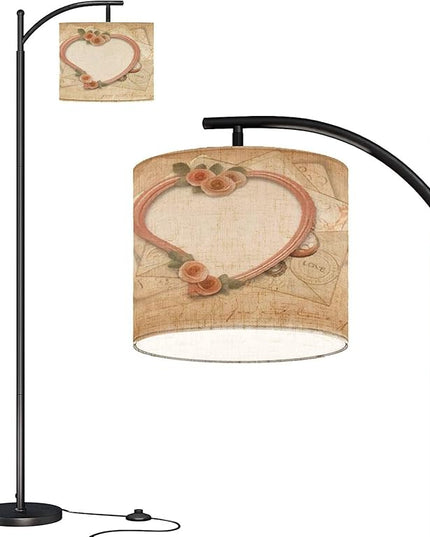 Modern Arc Floor Lamp with Dimmer Mid Century Vintage Old Postcards Heart Metal Standing Lamp with Linen Shade Footswitch for Living Room Bedroom Office - LeafyLoom
