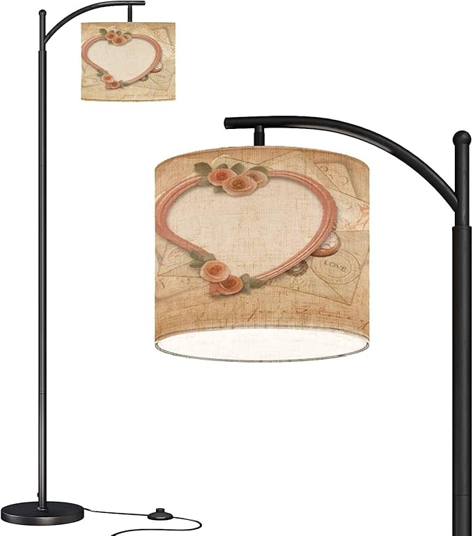 Modern Arc Floor Lamp with Dimmer Mid Century Vintage Old Postcards Heart Metal Standing Lamp with Linen Shade Footswitch for Living Room Bedroom Office - LeafyLoom