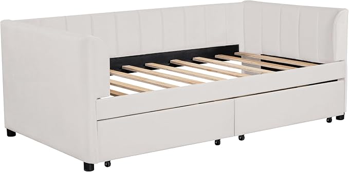 Modern Twin Size Upholstered Daybed Frame with Storage Drawers, Elegant Velvet Fabric Sofa Bed with Ergonomic Design Backrest and Armrests, No Box Spring Needed, Beige - LeafyLoom