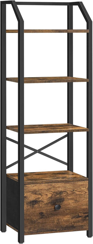 5 Tier Bookshelf, Book Shelf with Removable Drawer, Tall Narrow Bookcase with Shelves, Standing Display Shelf, Storage Organizer, for Bedroom, Home Office, Rustic Brown and Black SJ05BR - LeafyLoom