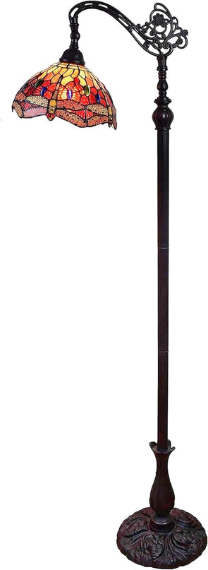Amora Tiffany Style Floor Lamp Arched Adjustable 62" Tall Stained Glass Red Yellow Green Dragonfly Antique Vintage Light Decor Bedroom Living Room Reading Gift AM079FL10B Lighting - LeafyLoom