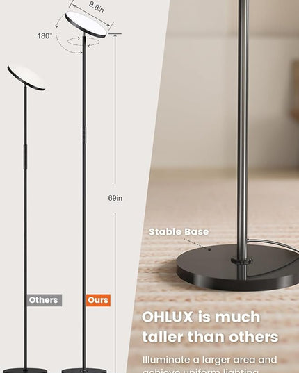 OHLUX Floor Lamp,36W/3000LM Sky LED Modern Torchiere 5 Color Temperatures Super Bright Floor Lamps, Dimmable Tall Standing Pole Light with Remote & Touch Control for Living Room,Bedroom,Office-Black - LeafyLoom