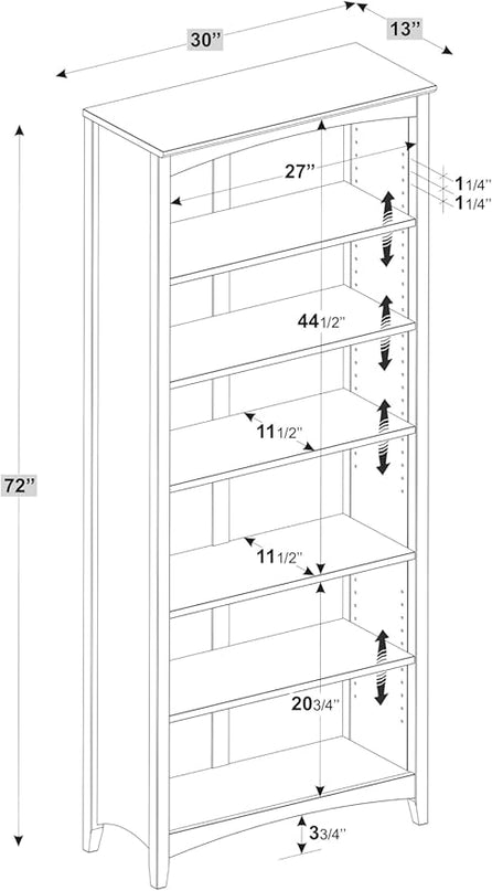 Camaflexi Shaker Style 6 Shelf Bookcase / Solid Wood / 72 inch Tall / Adjustable Shelving / Closed Back / Display Bookshelf for Living Room, Bedroom, Home and Office, Cherry - LeafyLoom