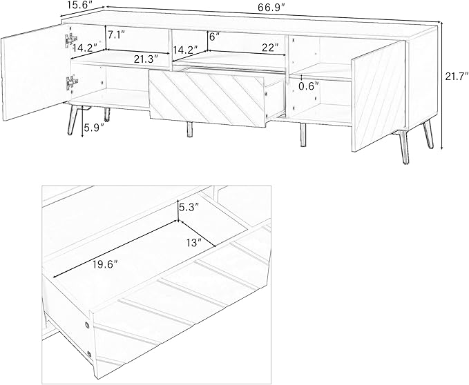 Merax Modern TV Stand for 70" Television, Entertainment Center with Adjustable Shelves, 1 Drawer, Open Shelf and Metal Feet, Media Console Table, for Living Room, 66.9 inch Length, White - LeafyLoom