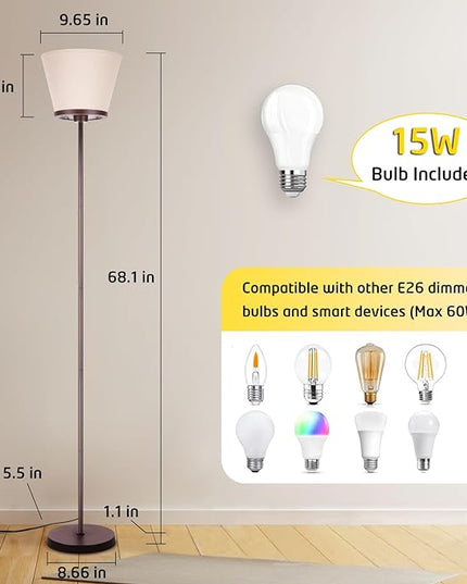 LED Floor Lamp, 3 Color Temperatures Floor Lamp for Living Room Bedroom Office, 68" Tall Standing Lamp Floor Lamp. 15W Bulb Included(Brown). - LeafyLoom