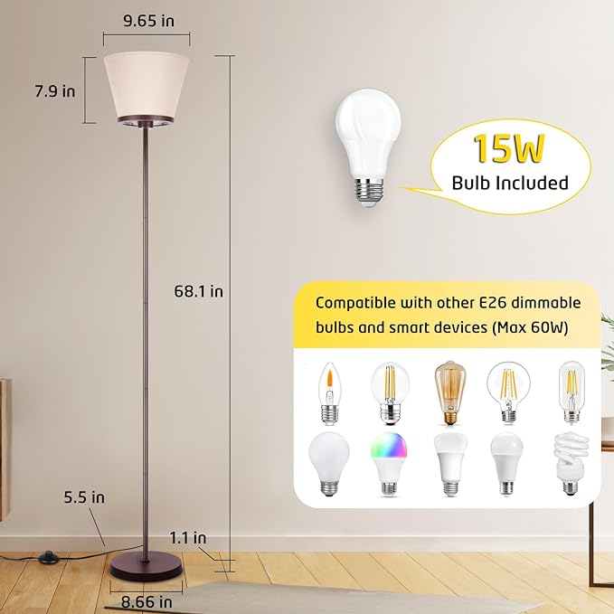 LED Floor Lamp, 3 Color Temperatures Floor Lamp for Living Room Bedroom Office, 68" Tall Standing Lamp Floor Lamp. 15W Bulb Included(Brown). - LeafyLoom