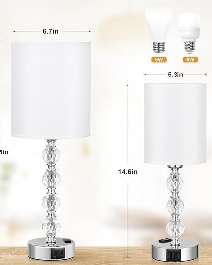 Acaxin Touch Bedside Crystal Lamps for Bedrooms Nightstand with USB C+A Charging Port and AC Outlet White, 3 Way Dimmable Silver Large End Side Table Lamp for Living/Guest/Dinning Room/Kitchen - LeafyLoom