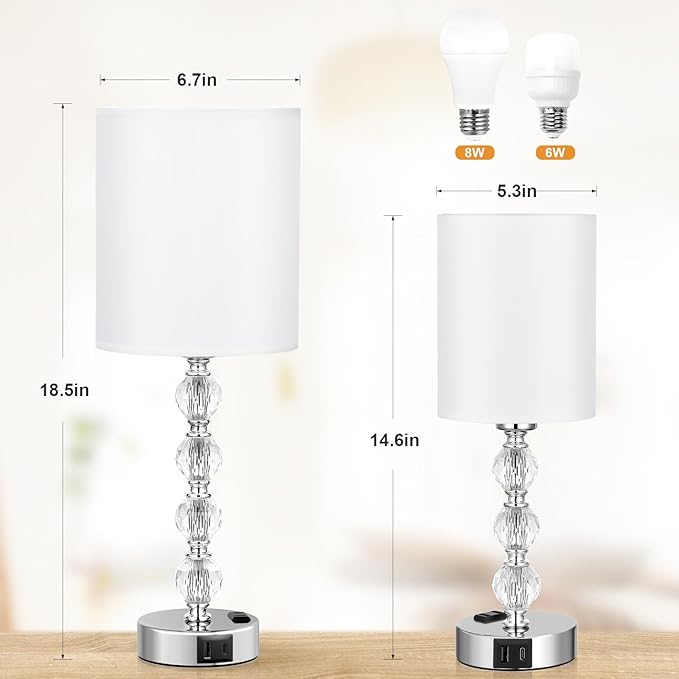 Acaxin Touch Bedside Crystal Lamps for Bedrooms Nightstand with USB C+A Charging Port and AC Outlet White, 3 Way Dimmable Silver Large End Side Table Lamp for Living/Guest/Dinning Room/Kitchen - LeafyLoom