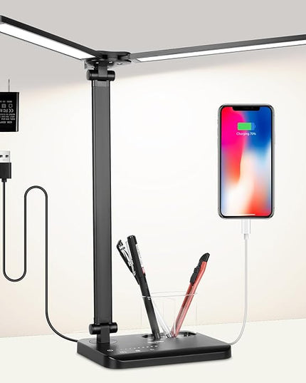 Desk Lamp, Dual Head Desk Light, 5 Lighting Colors & 10 Brightness Reading Light, LED Desk Lamp for Home Office, Table Lamp for Bedroom Desktop, Study, Craft (Black, with Adapter) - LeafyLoom