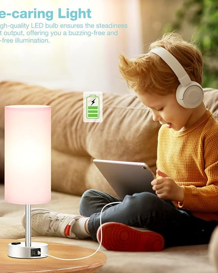 Pink Lamp for Bedroom Nightstand - 3 Way Dimmable Touch Table Lamp USB C Charging Ports, Small Lamp with AC Outlet for Desk Girls Room, LED Bulb Included - LeafyLoom