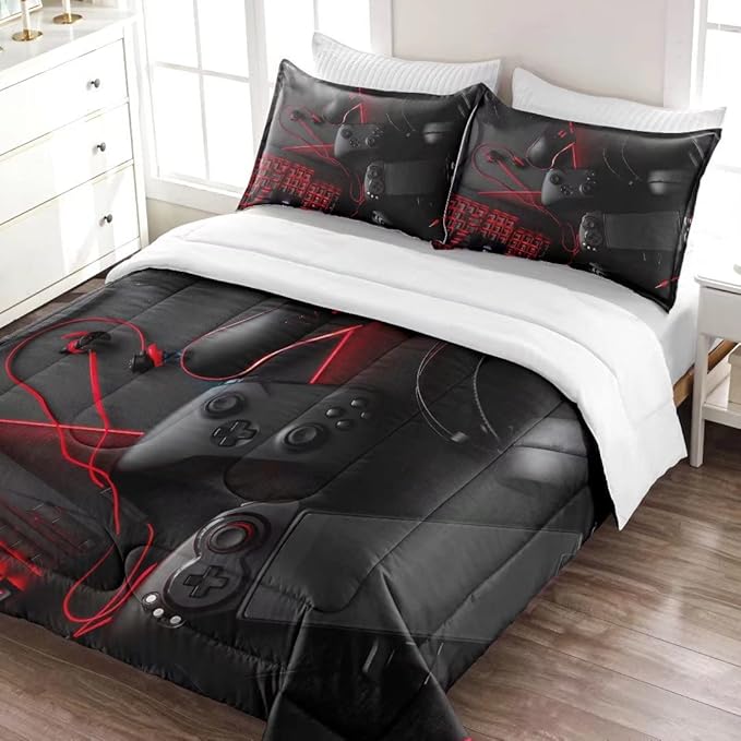 Gaming Comforter for Boys Teens,Game Bedding Sets Full,Kids Gamer Comforter Set,Video Game Bedroom Decor,Gamepad Controller Duvet Insert All Season 3 Piece 1 Comforter and 2 Pillowcases - LeafyLoom