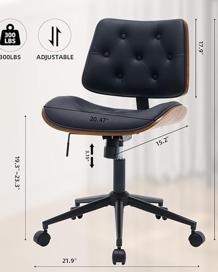 Armless Home Office Chair Modern Walnut Chair with Wheels Mid Back Swivel Computer Chair No arm Adjustable Height Leather Desk Chair for Reading,Meeting Room (Black) - LeafyLoom