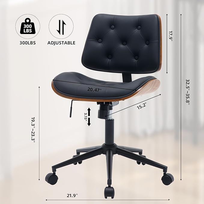 Armless Home Office Chair Modern Walnut Chair with Wheels Mid Back Swivel Computer Chair No arm Adjustable Height Leather Desk Chair for Reading,Meeting Room (Black) - LeafyLoom