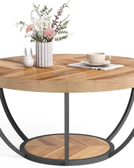 Round Coffee Table, 32" Circle Coffee Table for Living Room, 2-Tier Wood Accent Center Table with Open Storage Industrial Design Home Furniture (Wood Grain and Black) - LeafyLoom
