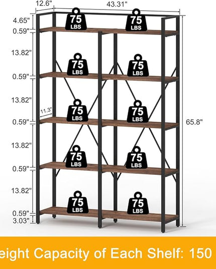 BON AUGURE Industrial Bookshelves and Bookcases, Farmhouse Large Book Shelves, 5 Tier Heavy Duty Open Bookcase, Tall Wood Metal Shelving Unit for Living Room, Bedroom, Office (Rustic Oak) - LeafyLoom