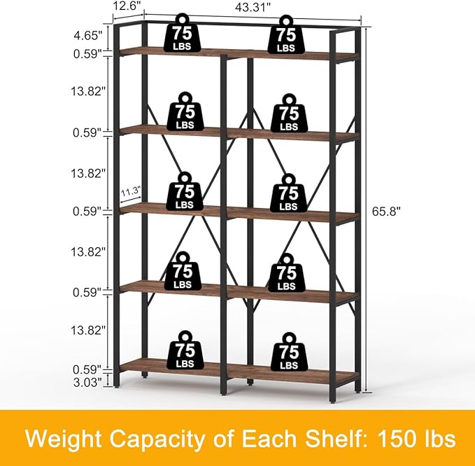 BON AUGURE Industrial Bookshelves and Bookcases, Farmhouse Large Book Shelves, 5 Tier Heavy Duty Open Bookcase, Tall Wood Metal Shelving Unit for Living Room, Bedroom, Office (Rustic Oak) - LeafyLoom