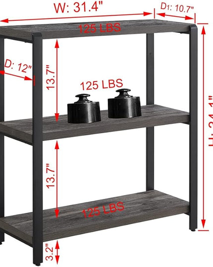 Bookshelf and Bookcase, 3 Tier Vintage Shelf for Office, Rustic Wood and Metal Book Shelves, Grey - LeafyLoom