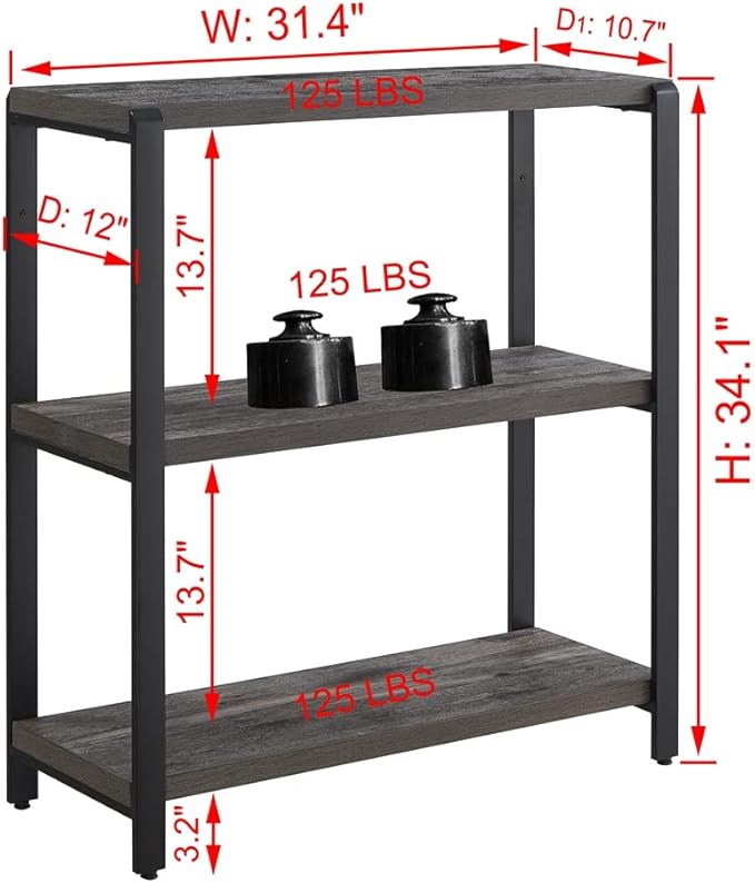 Bookshelf and Bookcase, 3 Tier Vintage Shelf for Office, Rustic Wood and Metal Book Shelves, Grey - LeafyLoom