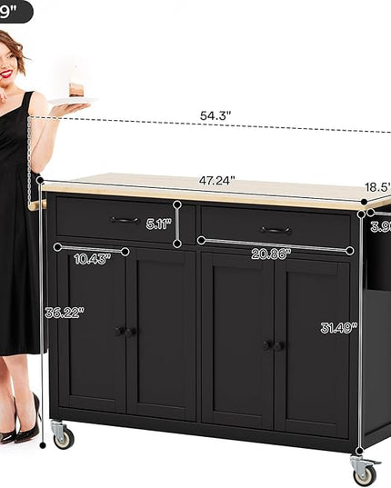 Rolling Kitchen Island with Storage Portable Kitchen Island On Wheels Black Large 54in Width Island with Storage Drawers Cabinet Spice Rack Towel Rack for Kitchen Dining Room - LeafyLoom