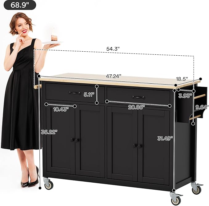 Rolling Kitchen Island with Storage Portable Kitchen Island On Wheels Black Large 54in Width Island with Storage Drawers Cabinet Spice Rack Towel Rack for Kitchen Dining Room - LeafyLoom