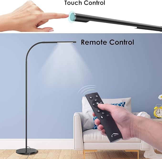 LED Floor Lamp,Dimmable Floor 5 Brightness Levels & 4Color Temperature, 7W, Touch Control, Adjustable Gooseneck, Memory Function, Standing Lamp for Living Room, Bedroom, Office, Study (①Black) - LeafyLoom