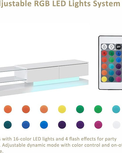 Merax TV Stand with Media Storage Cabinet, Modern High Gloss Entertainment Center for 75 Inch Television, 16 RGB LED Color Changing Lights, for Living Room, 74.8 inch Length, White - LeafyLoom