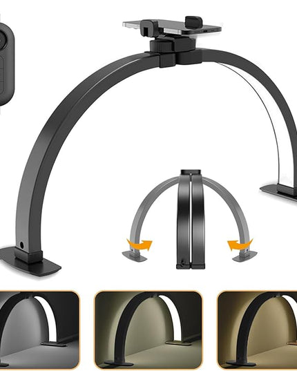 Half Moon Light for Nail Desk Foldable 3000-6500k Lash Light Nail Tech Lamp for Desk with Phone Holder for lash Extension Led Light for Nails tech Stepless Dimming (Black, 23in) - LeafyLoom