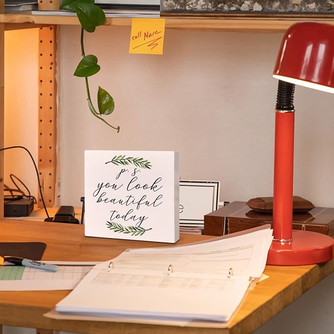 Home Office Desk Wooden Box Sign Decor, You Look Beautiful Today, Inspirational Quotes Desk Decor Motivational Desk Decorations for Women Girls Teens Student Office Classroom School - LeafyLoom