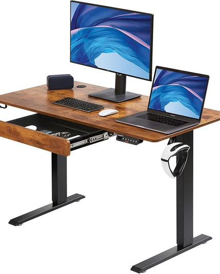 VEVOR Height Adjustable Desk, 47.2 x 23.6 in with Drawer, 3-Key Modes Electric Standing Desk,Whole Piece Desk Board, Dual Metal Frame, 180 LBS Capacity Computer Sit Stand up Desk, for Home and Office - LeafyLoom