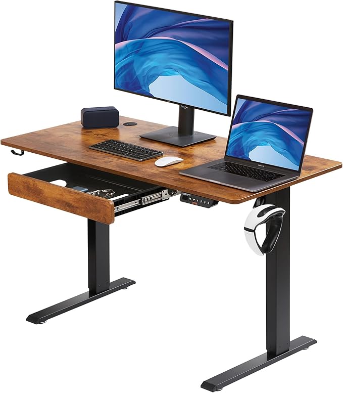 VEVOR Height Adjustable Desk, 47.2 x 23.6 in with Drawer, 3-Key Modes Electric Standing Desk,Whole Piece Desk Board, Dual Metal Frame, 180 LBS Capacity Computer Sit Stand up Desk, for Home and Office - LeafyLoom