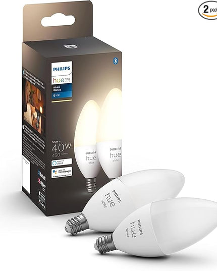 Philips Hue Smart 40W B39 Candle-Shaped LED Bulb - Soft Warm White Light - 2 Pack - 450LM - E12 - Indoor - Control with Hue App - Works with Alexa, Google Assistant and Apple Homekit PhilipsHue