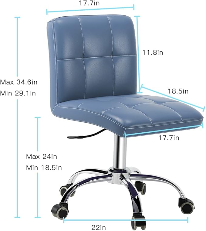 360° Office Desk Chair,PU Adjustable Rolling Task Chair with Backrest for Barber,Office,Home, Computer,360° Swivel,Armless (blue) - LeafyLoom
