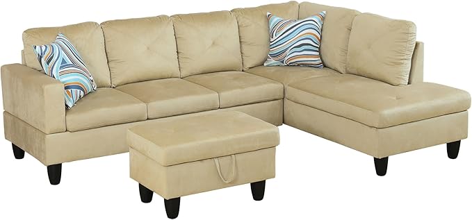 3-Piece L-Shaped Sectional Couches with 66.5'' Chaise Lounge & Storage Ottoman Modular Room Sofas for Home Office Apartment, Large Living Furniture, 97'' Right Hand Facing, Beige Microfiber - LeafyLoom
