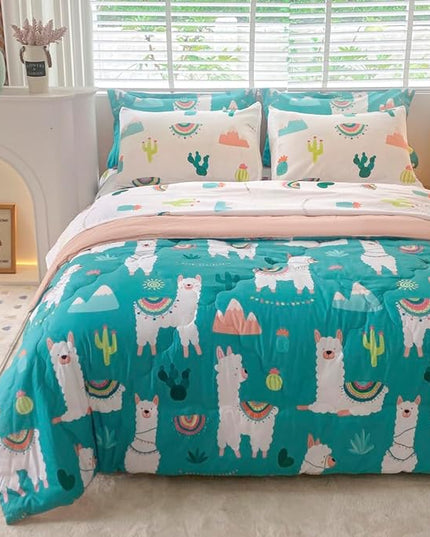 Wajade Kids Llama Comforter Set Bed in A Bag Twin Size 7 Piece Cute Alpaca Tropical Plant Cactus Bedding Set for Girls Boys (1 Comforter, 1 Flat Sheet, 1 Fitted Sheet, 2 Pillowcase and 2 Pillow Sham) - LeafyLoom