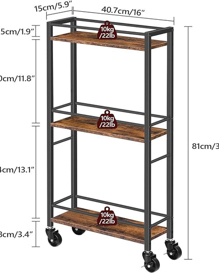 Slim Rolling Cart, Mobile Kitchen Cart on Wheels, Narrow Storage Cart for Small Space, Wooden Service Cart, for Bathroom, Laundry, Living Room, Rustic Brown RCHR1501Z - LeafyLoom