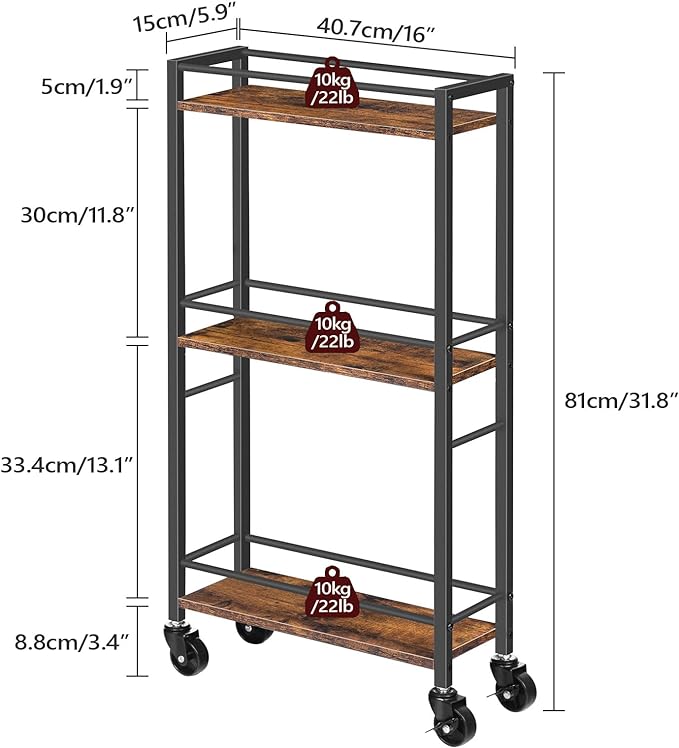 Slim Rolling Cart, Mobile Kitchen Cart on Wheels, Narrow Storage Cart for Small Space, Wooden Service Cart, for Bathroom, Laundry, Living Room, Rustic Brown RCHR1501Z - LeafyLoom