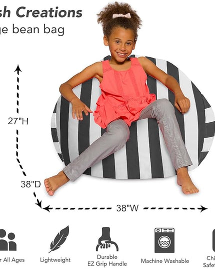 Posh Creations Bean Bag Chair for Kids, Teens, and Adults Includes Removable and Machine Washable Cover, Canvas Stripes Gray and White, 38in - Large - LeafyLoom