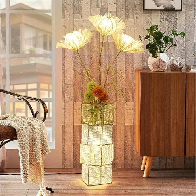 Modern Decorative Rattan Floor Lamp: Pastoral Hand-Woven Flower Night Light - Creative Standing Smart Corner Lamp for Reading Living Room Bedroom Tea Room Club Office Sofa Side - LeafyLoom