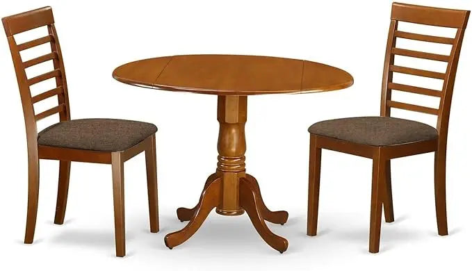 East West Furniture Dublin 3 Piece Set Contains a Round Dining Room Table with Dropleaf and 2 Linen Fabric Upholstered Kitchen Chairs, 42x42 Inch, Saddle Brown - LeafyLoom