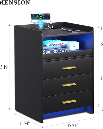RGB Nightstand-Bedside-End-Table with USB &Wireless Charging Station: Smart Nightstand for Sofa Table with Human-Body Inductions, Modern Bedroom Furniture with Drawers for Living Room, Black - LeafyLoom