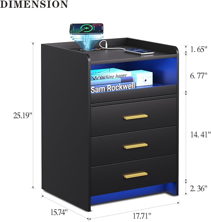 RGB Nightstand-Bedside-End-Table with USB &Wireless Charging Station: Smart Nightstand for Sofa Table with Human-Body Inductions, Modern Bedroom Furniture with Drawers for Living Room, Black - LeafyLoom
